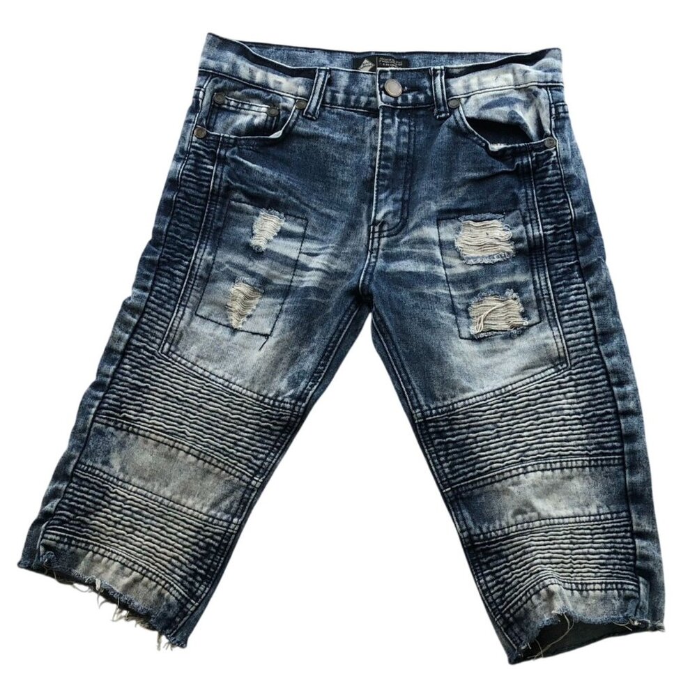 Road Narrows Womens Bermuda Jean Shorts 16 Blue Denim Distressed Raw Hem Pleated